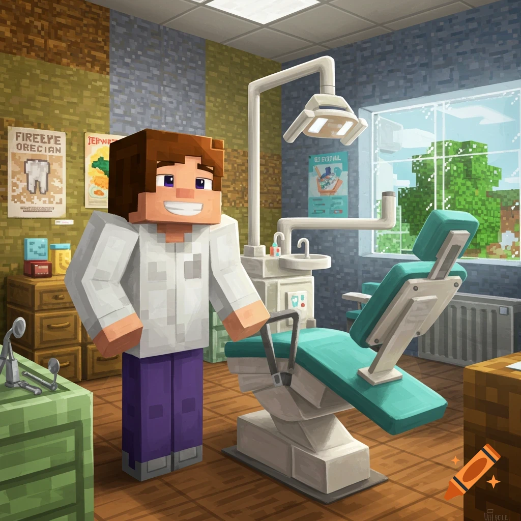 Minecraft character standing in a dentist office next to a chair. Blocky illustration style.