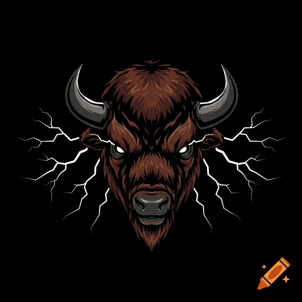 A stylized vector illustration of a powerful bison head with lightning bolts around it.