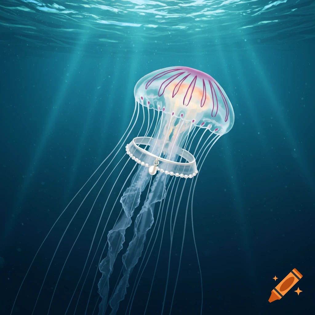 A translucent jellyfish with pink markings wears a pearl collar while swimming underwater.