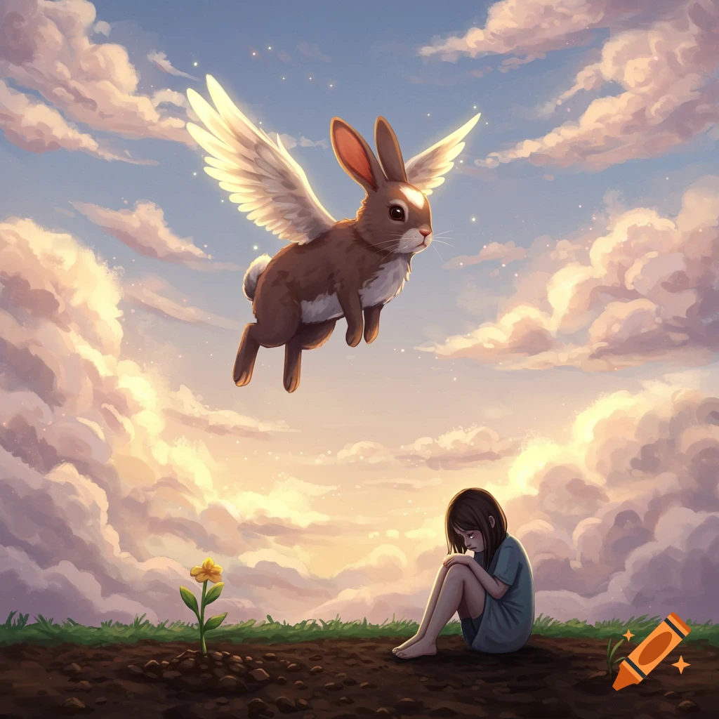 An illustration shows a winged rabbit flying high in a cloudy sky, looking down at a sad girl sitting on the ground next to a flower.