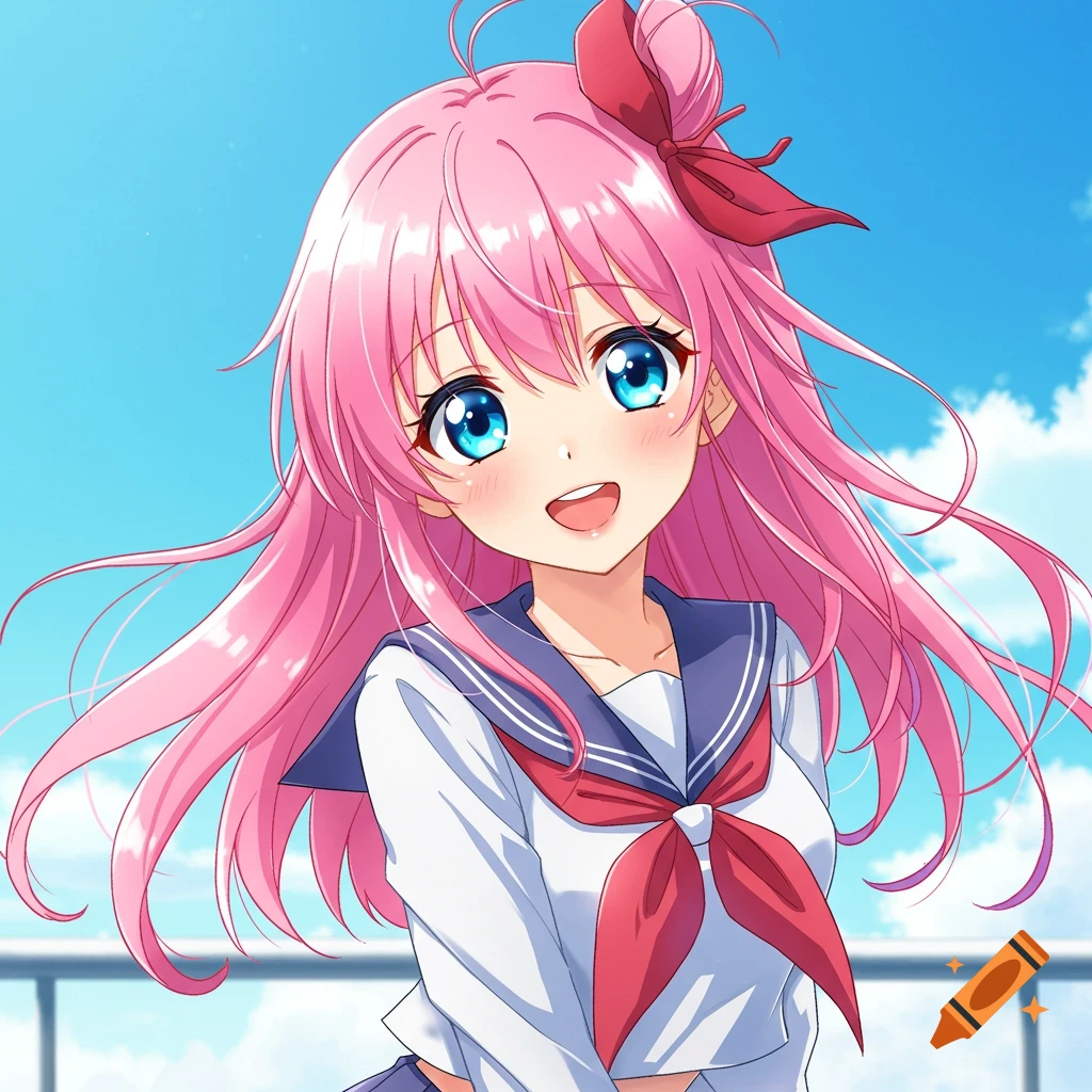 Anime girl with pink hair and blue eyes smiling in a school uniform.