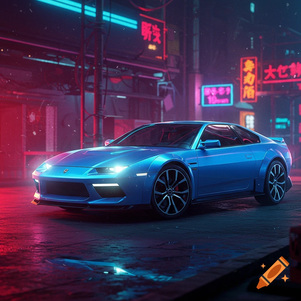 A futuristic blue sports car sits on a wet street under neon lights in a city at night.