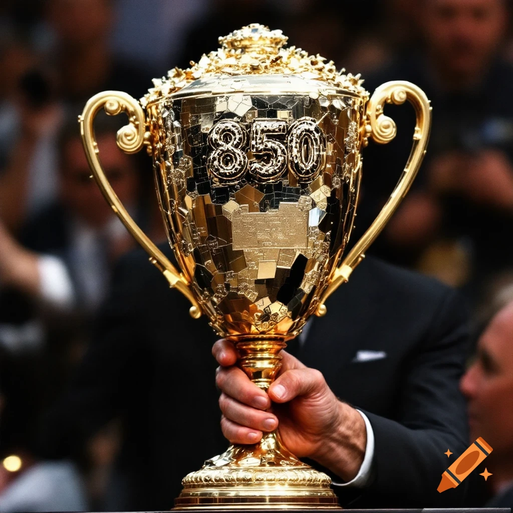 Golden trophy with 850 on it held by a hand