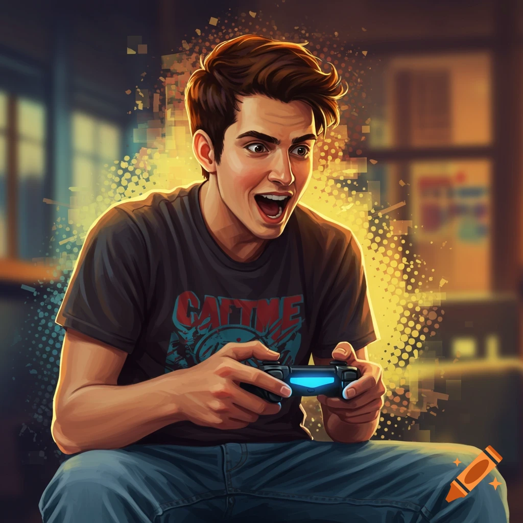 Excited young man playing a video game with a controller, in a vibrant illustration style with digital effects.