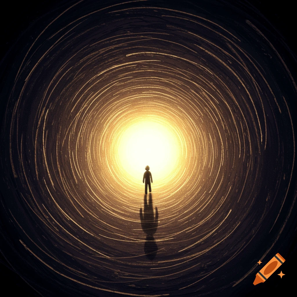 A silhouette of a person stands in a dark, spiraling tunnel, walking towards a bright light at the end, in a sketchy style.