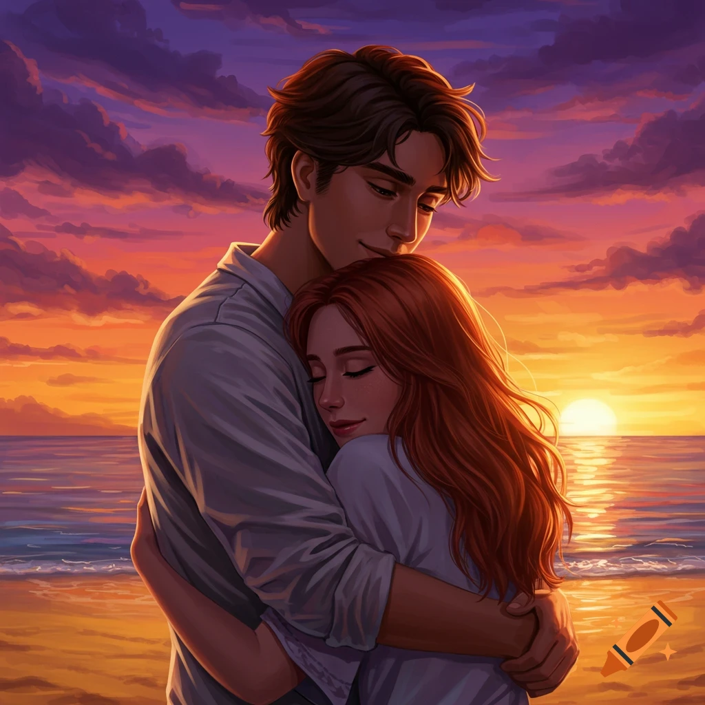 Illustration of a couple hugging on a beach at sunset.