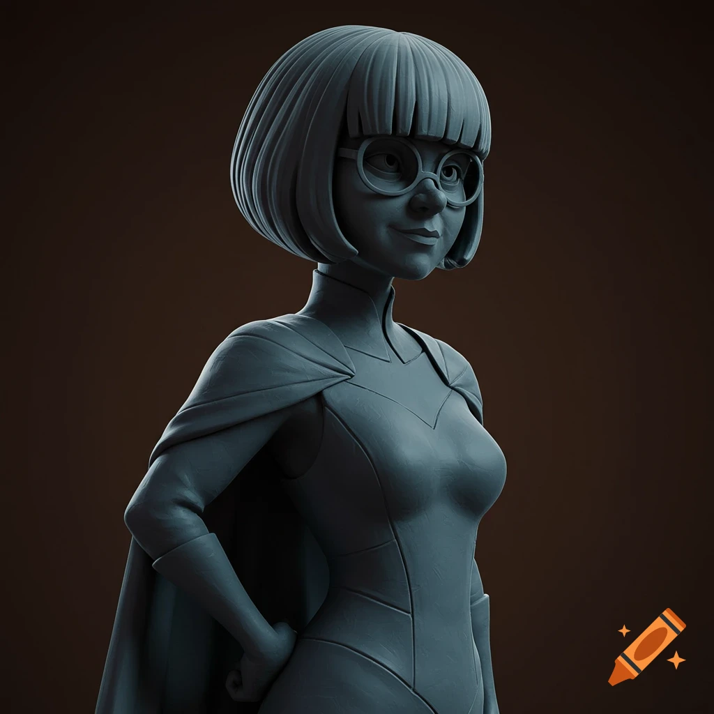 A grey clay 3D render of a stylized woman with glasses, a bob haircut, and a superhero suit with a cape.