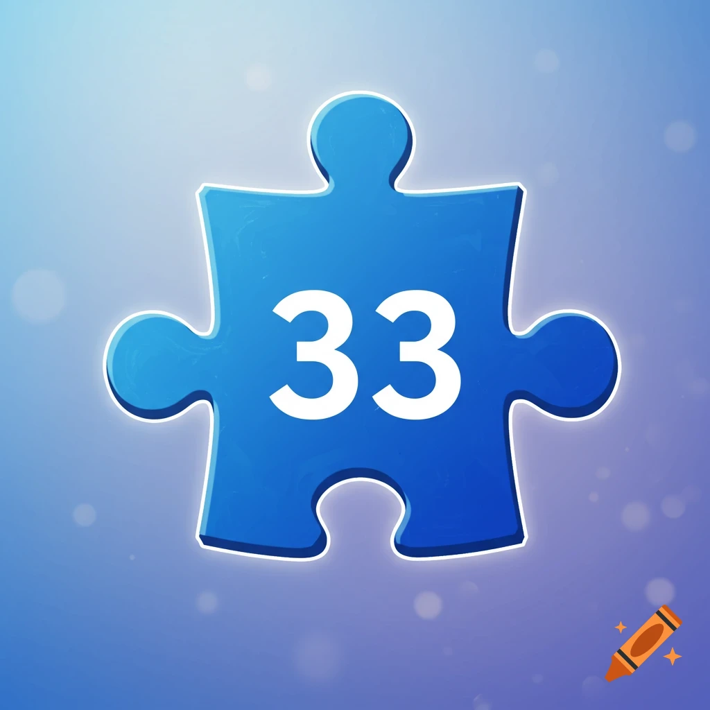 Blue puzzle piece with white number 33.