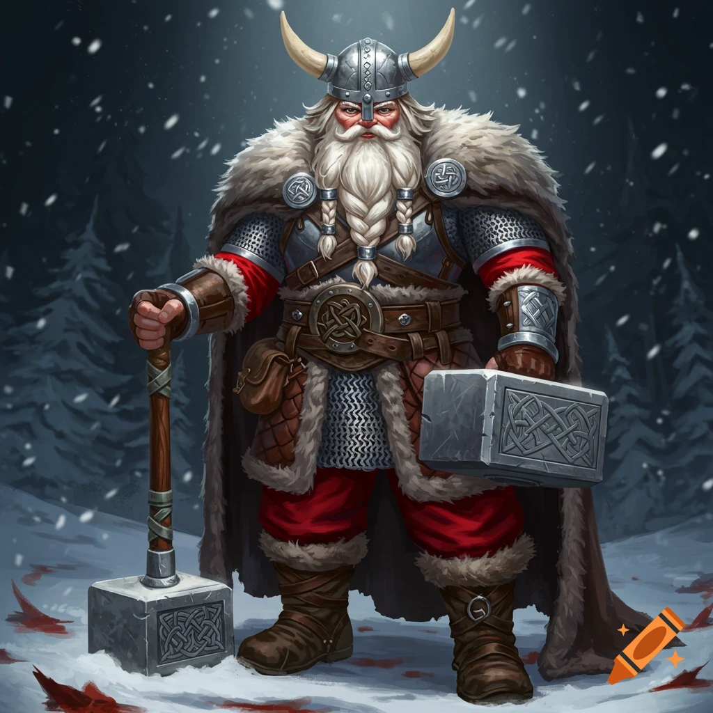 A Viking Santa Claus holding a hammer, standing in the snow.