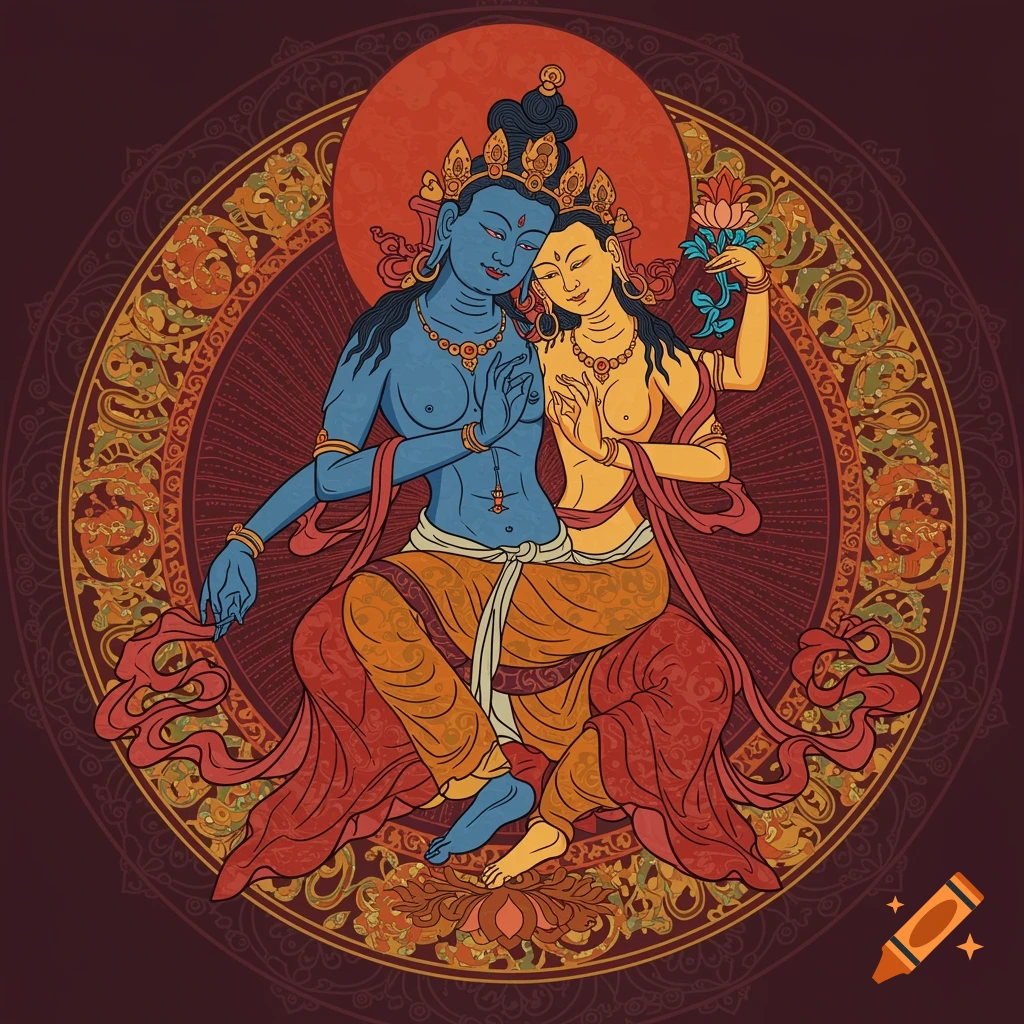 Vector illustration of Yab yum deities embracing within an ornate circle