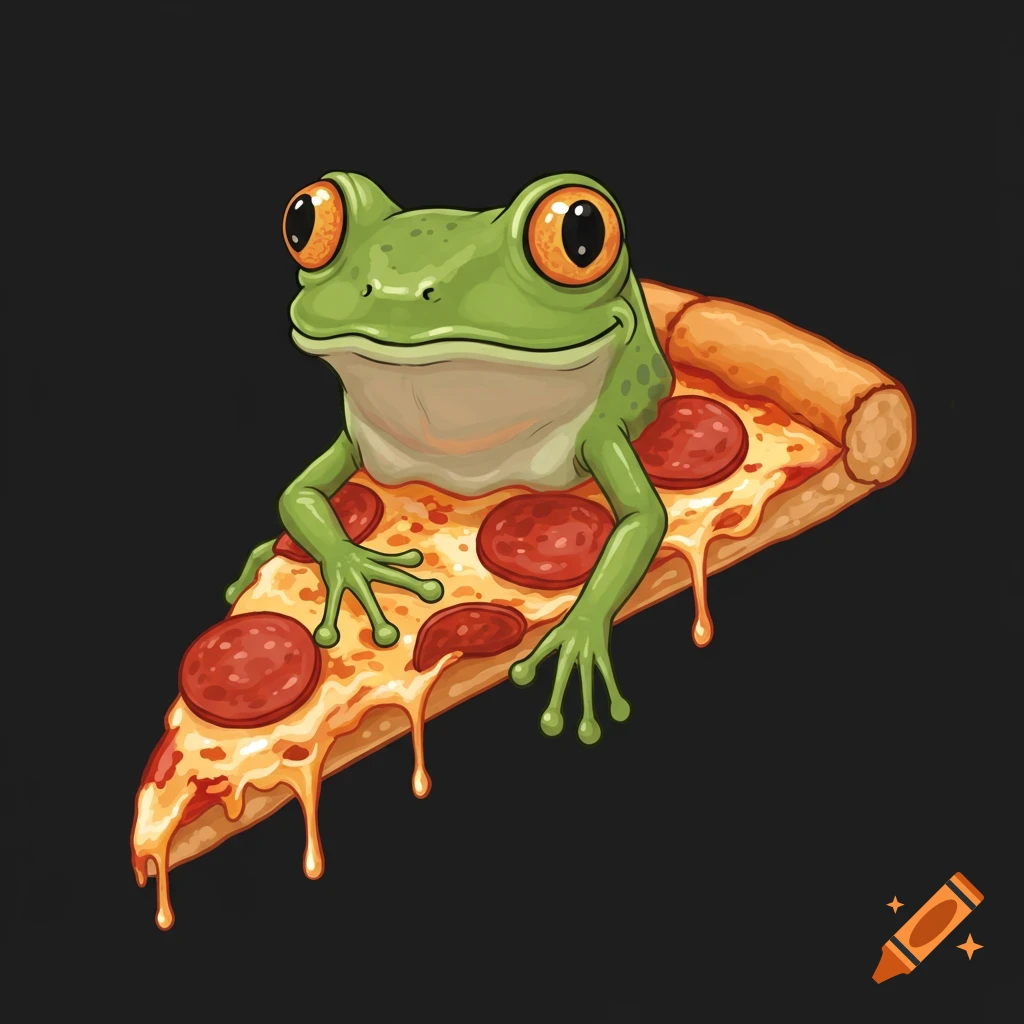 Cartoon frog sitting on a slice of pepperoni pizza.
