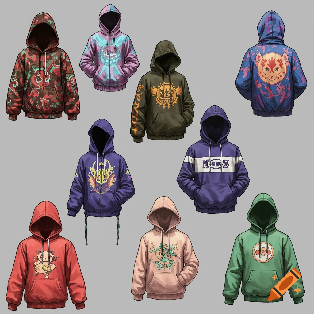 Multiple stylized hoodie designs with various patterns and graphics on a grey background.