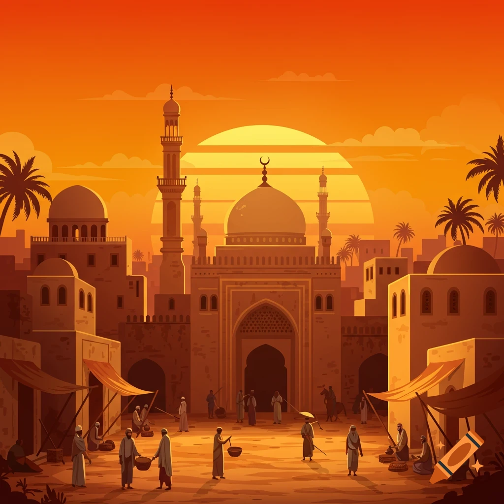 Illustration of an ancient Middle Eastern city at sunset, with a prominent mosque, buildings, and people in the square.