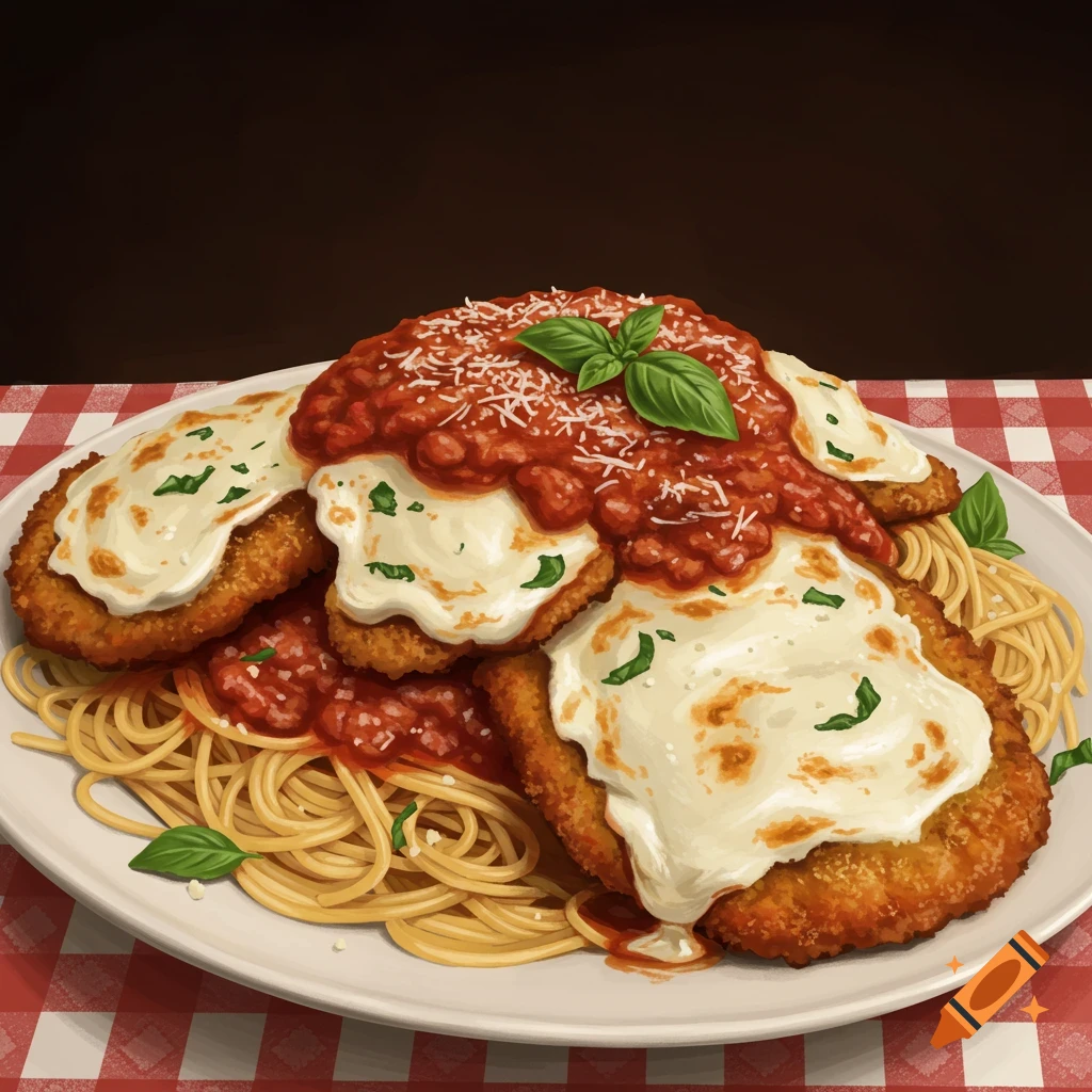 A plate piled high with chicken parmesan over spaghetti.