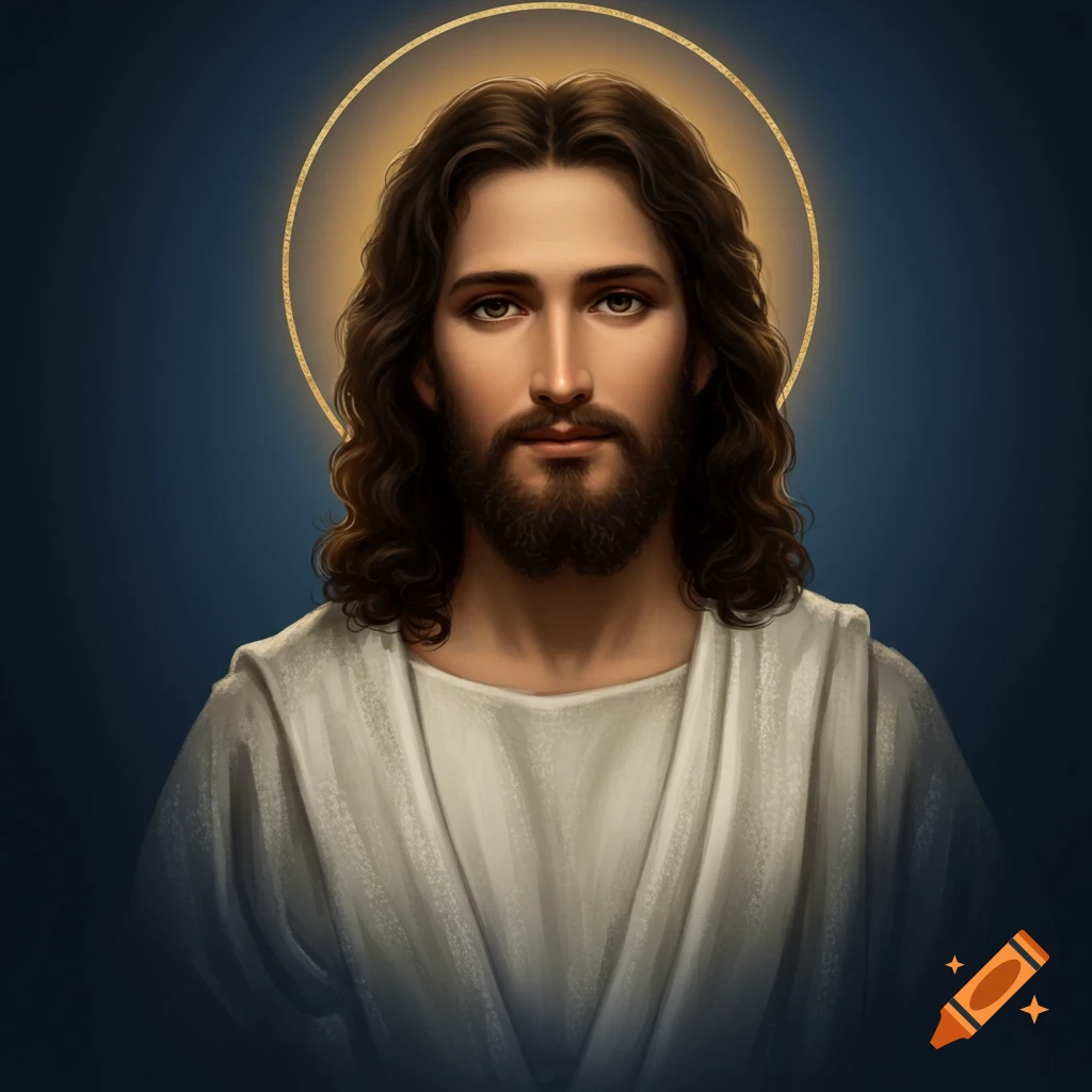 Portrait painting of Jesus Christ with a golden halo against a blue background.
