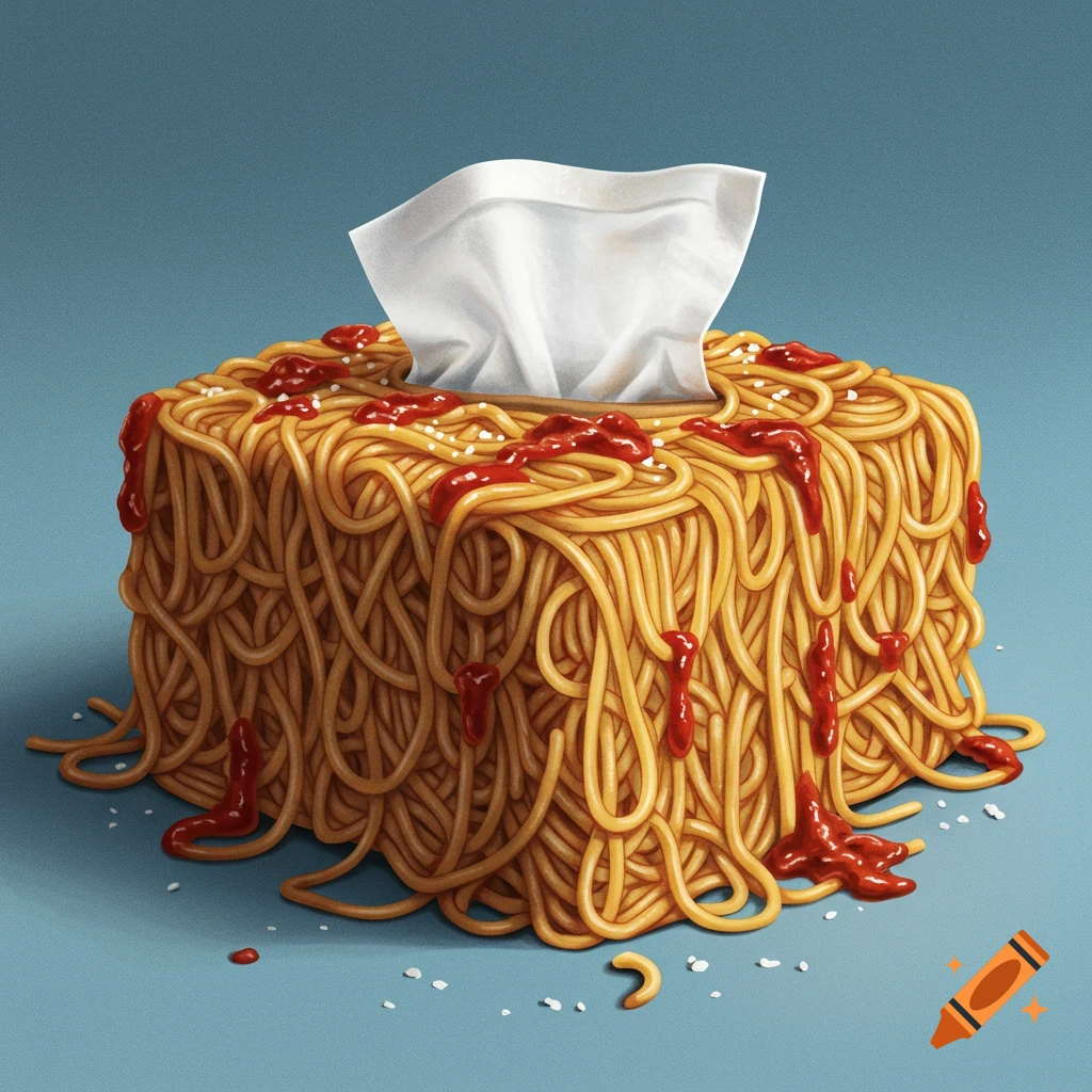 A tissue box appears to be made of spaghetti noodles covered in red sauce.