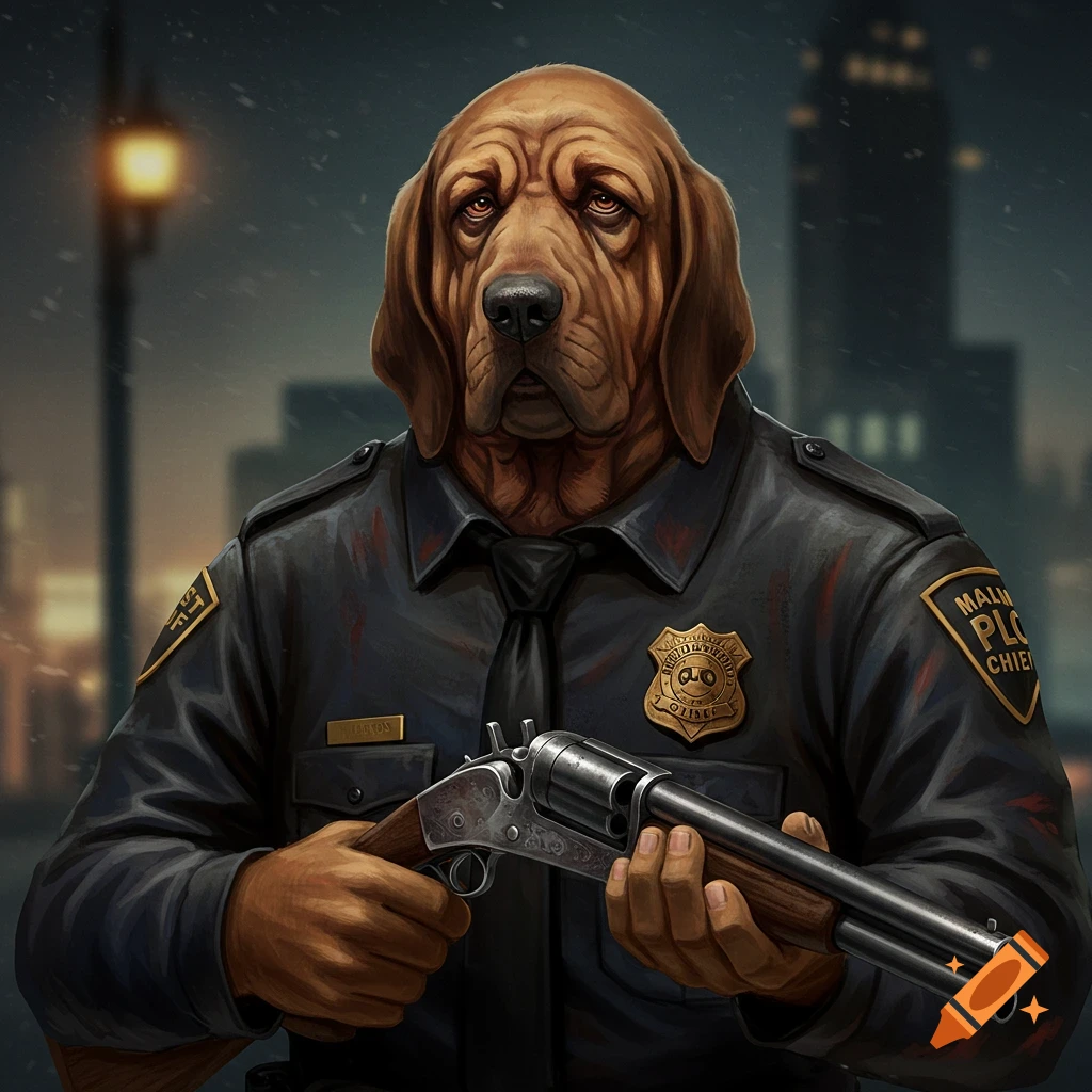 Stylized portrait of a bloodhound police chief in uniform holding a double barrel shotgun, set against a city night background.