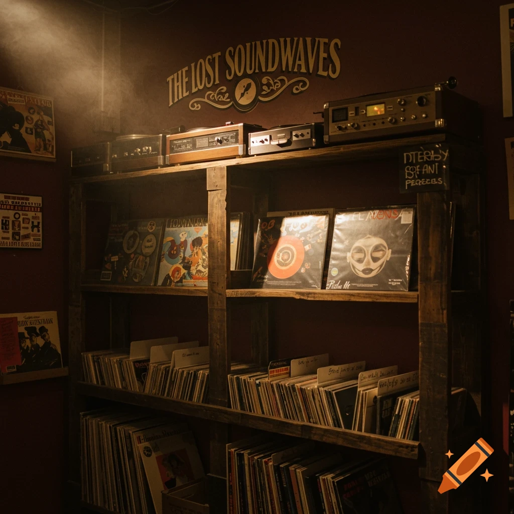 A dimly lit shelf in a record store named "The Lost Soundwaves," filled with vinyl records.