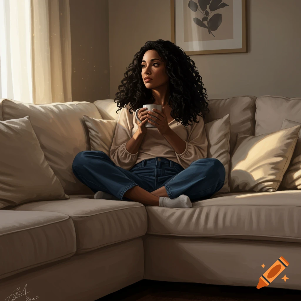 A woman is sitting on a sofa by a window, holding a cup.