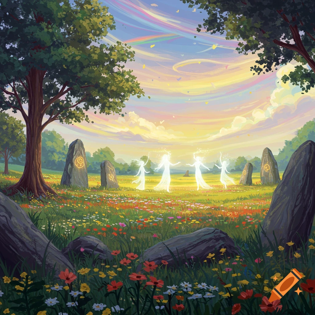 Illustrative fantasy art of ethereal figures dancing in a field of flowers among standing stones, with a rainbow in the sky.