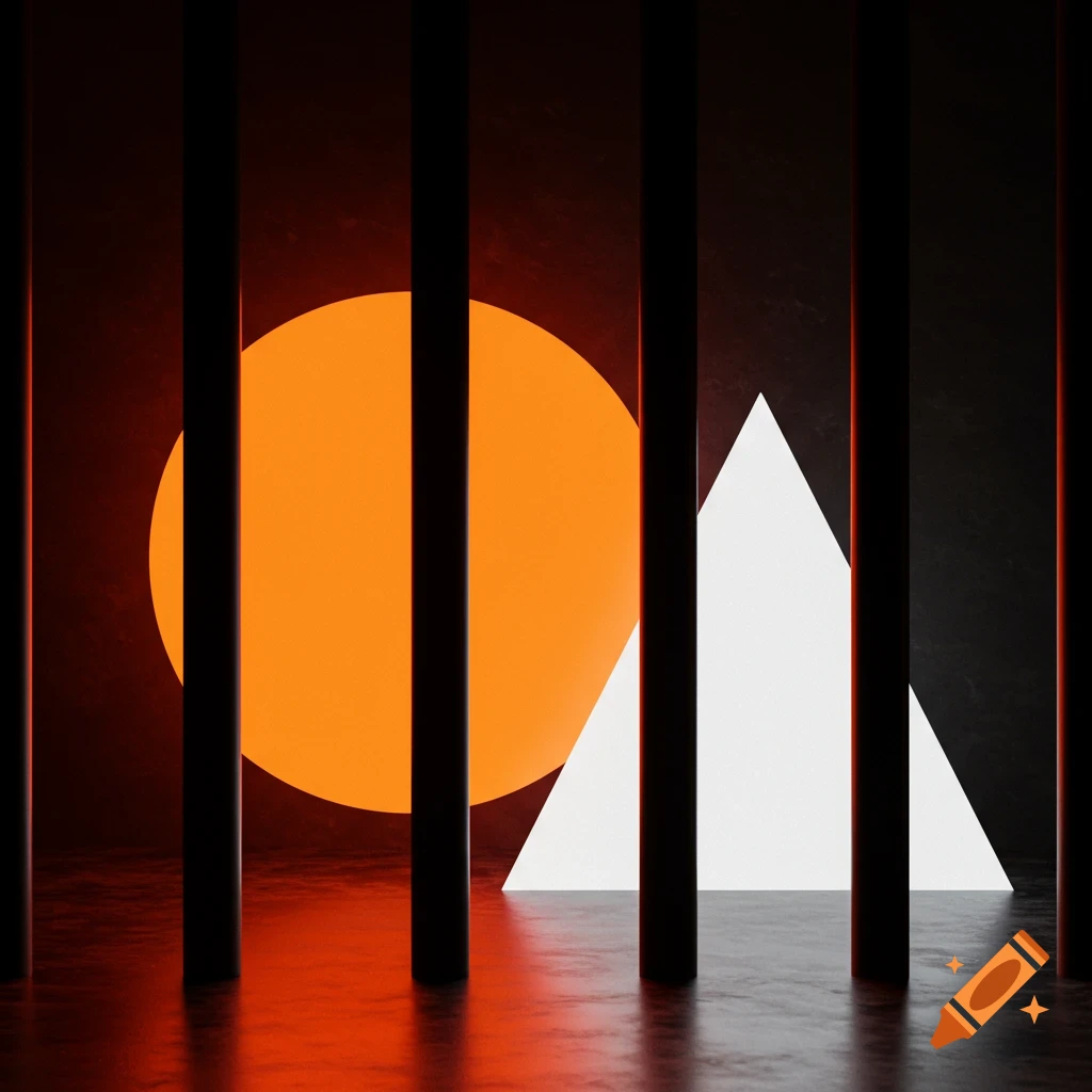 Orange circle and white triangle viewed through black vertical bars.