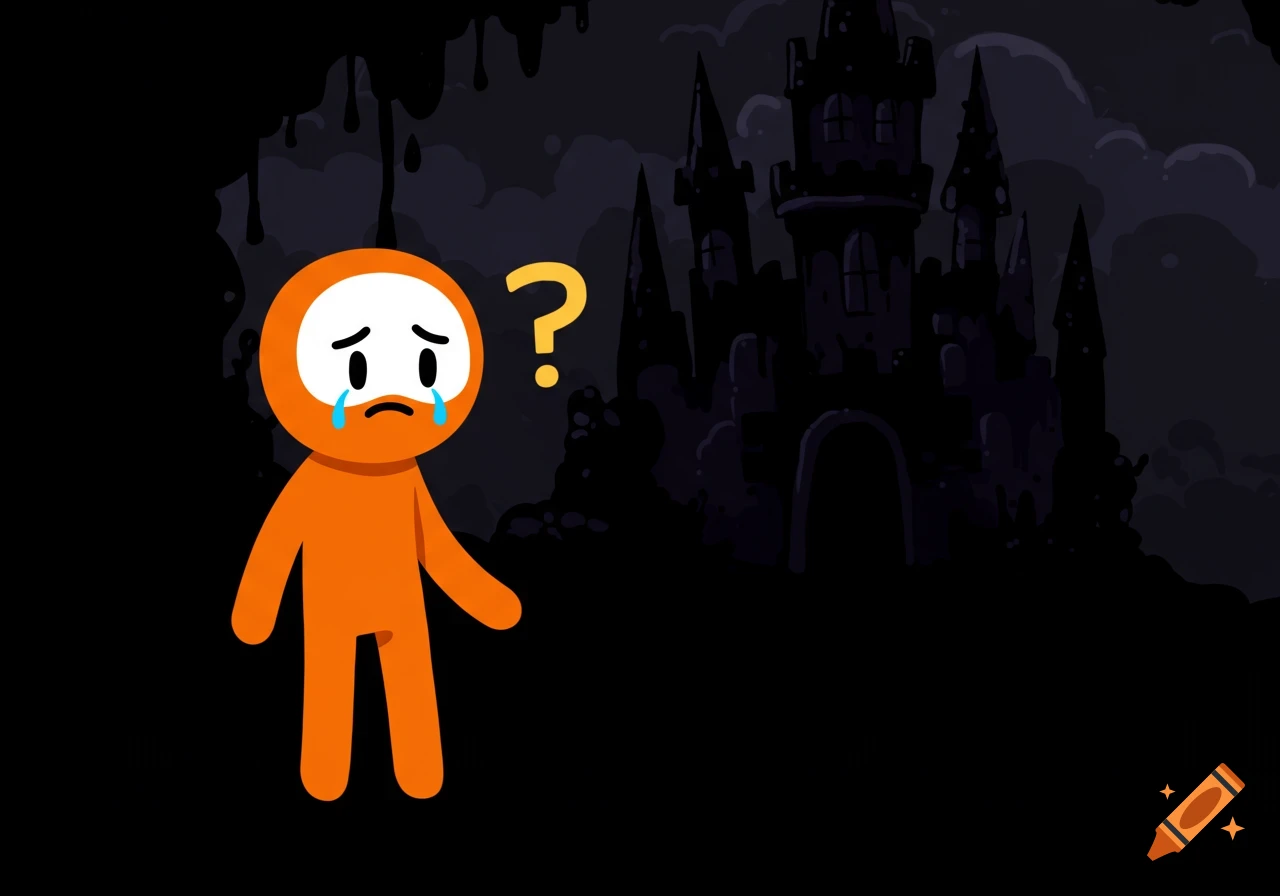 Cartoon of a sad orange stick figure with a question mark in front of a dark castle.