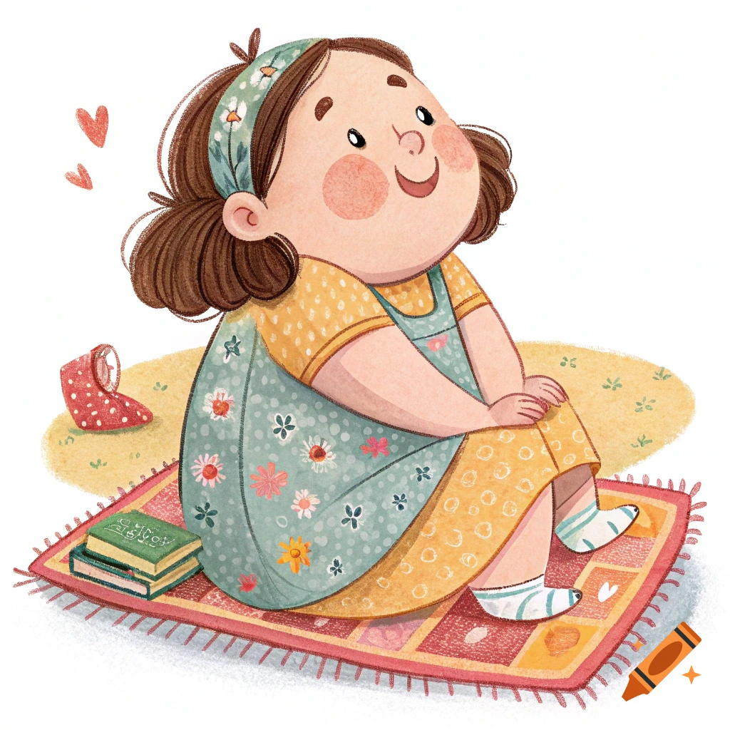 Illustration of a chubby girl sitting on a patterned rug next to a book and a shoe.