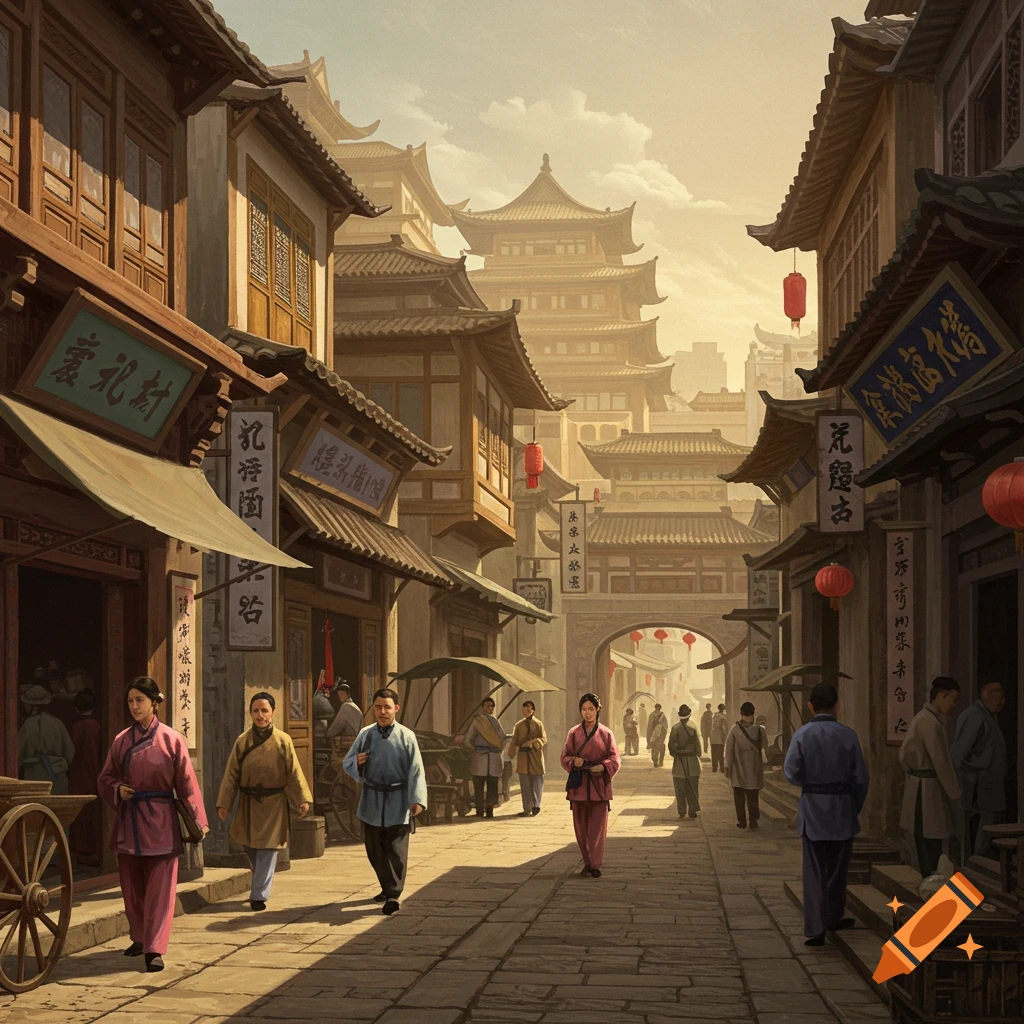 A busy street scene in an old Asian city with traditional buildings, shops, and people walking.