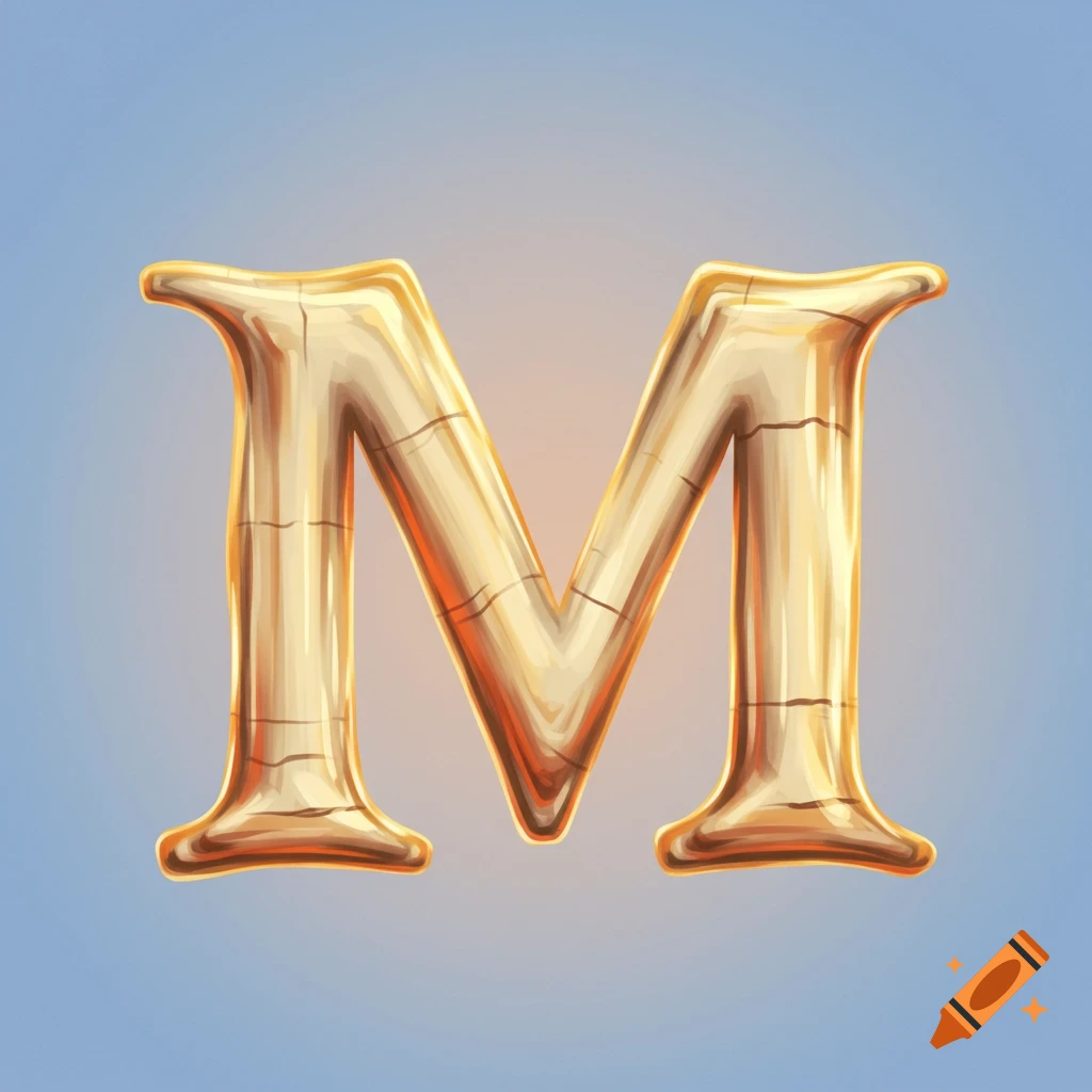 A golden letter M illustration against a blue background.