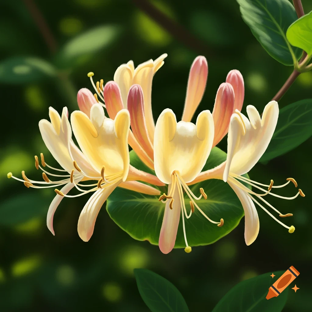 Close-up of yellow and pink honeysuckle flowers in bloom.