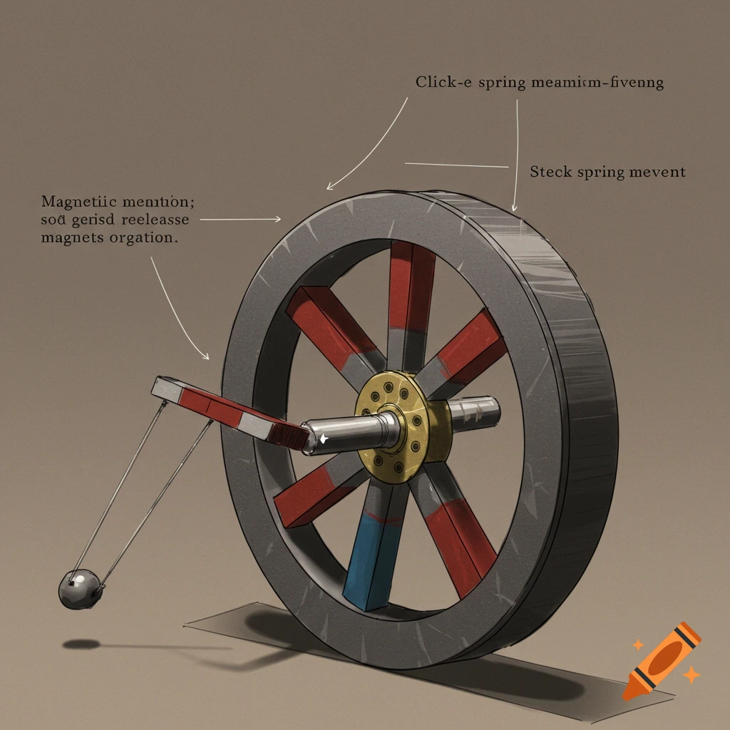 Illustration of a wheel with magnets and a pendulum, appearing to be a perpetual motion mechanism concept with annotations.