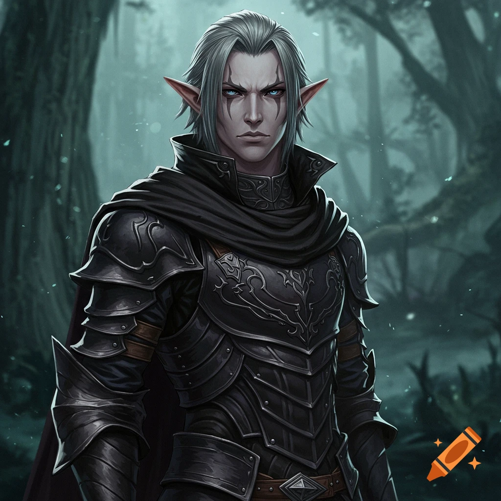 Fantasy portrait of an elf in dark armor standing in a forest.