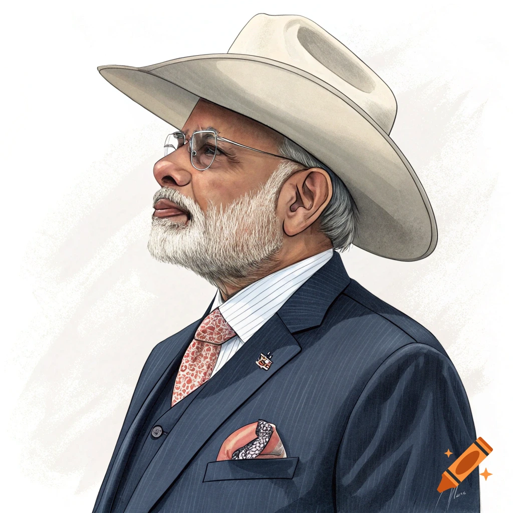 Illustration of Prime Minister Modi wearing a cowboy hat, looking upwards.
