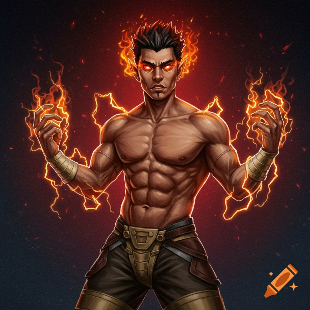 Illustrative portrait of a muscular man with fire and lightning energy around his head and hands