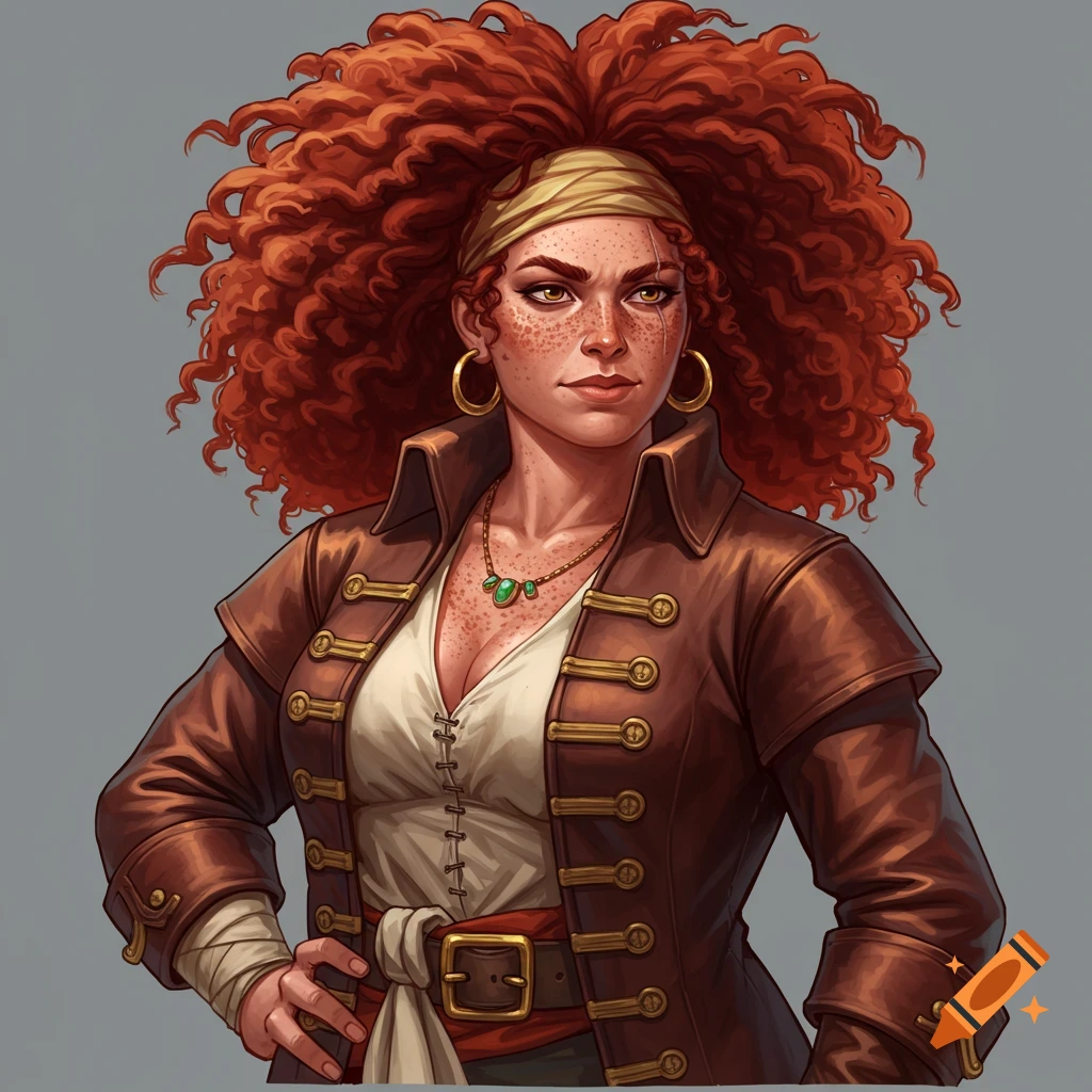 Illustration of a female pirate with red curly hair, freckles, and a scar, wearing a brown leather coat.