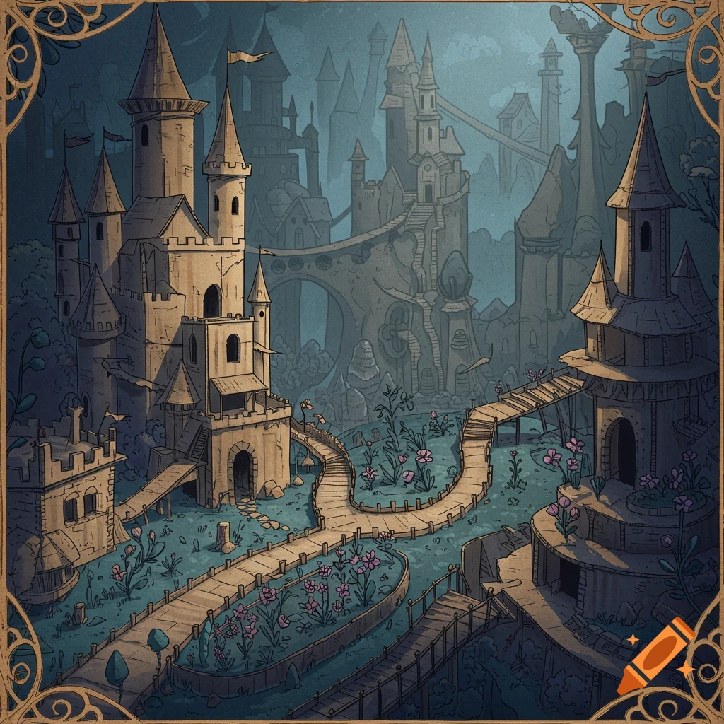 Gothic fantasy landscape with castles, gardens, and bridges in a cardboard-like illustration style.