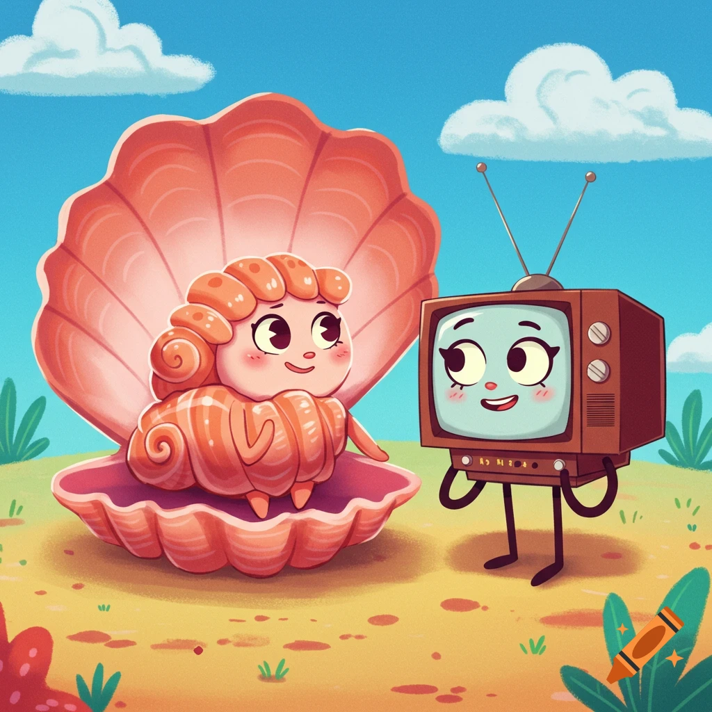 A cute cartoon character resembling a shell sits inside a large shell next to a smiling cartoon TV character on a beach.