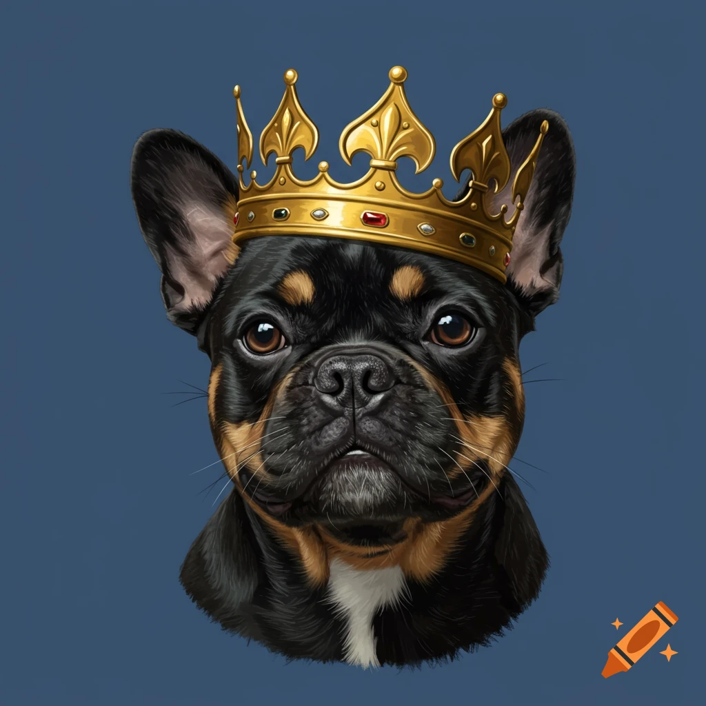 A black and tan French Bulldog wears a golden crown.