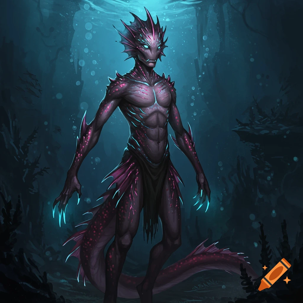 Detailed fantasy art of a scaled humanoid creature with glowing eyes underwater.