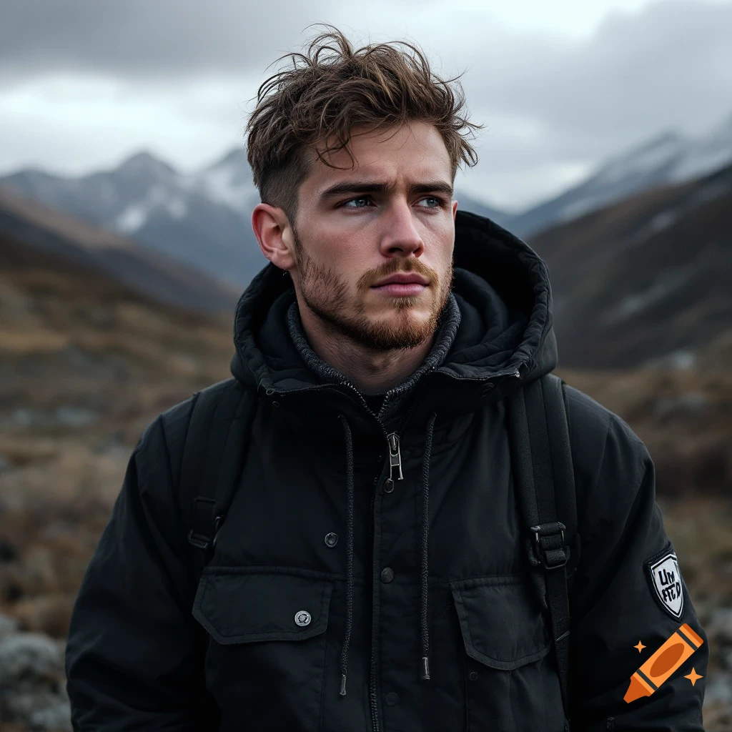 Portrait of a man with a beard and backpack looking into the distance in the mountains.