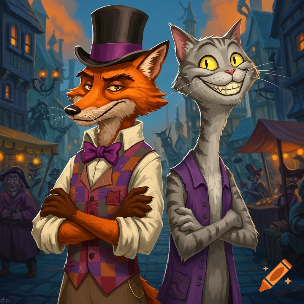 Cartoon illustration of an anthropomorphic fox and cat in old-fashioned clothes standing in a town street.