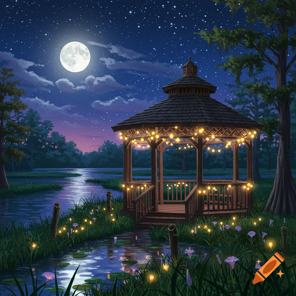 Illustration of a gazebo by a bayou at night under a starry sky and full moon, lit by fairy lights and glowing flowers.