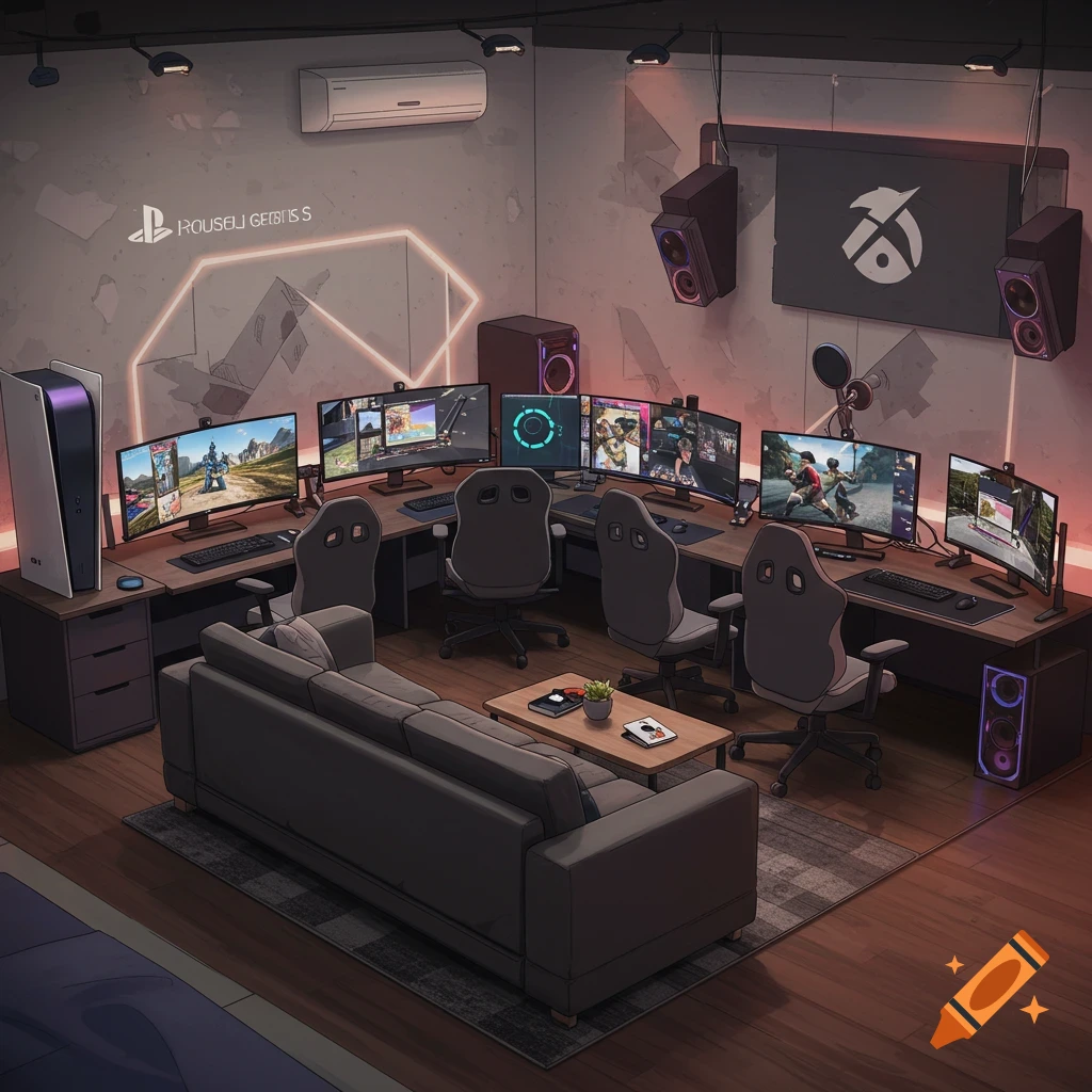 Rendered digital art of a detailed gaming room setup with multiple monitors, gaming chairs, consoles, and a sofa.