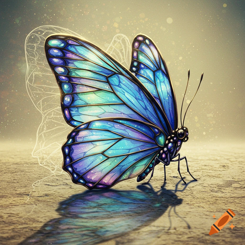 A vibrant mosaic glass butterfly sits on a textured surface with a faint outline of a shed skin behind it.
