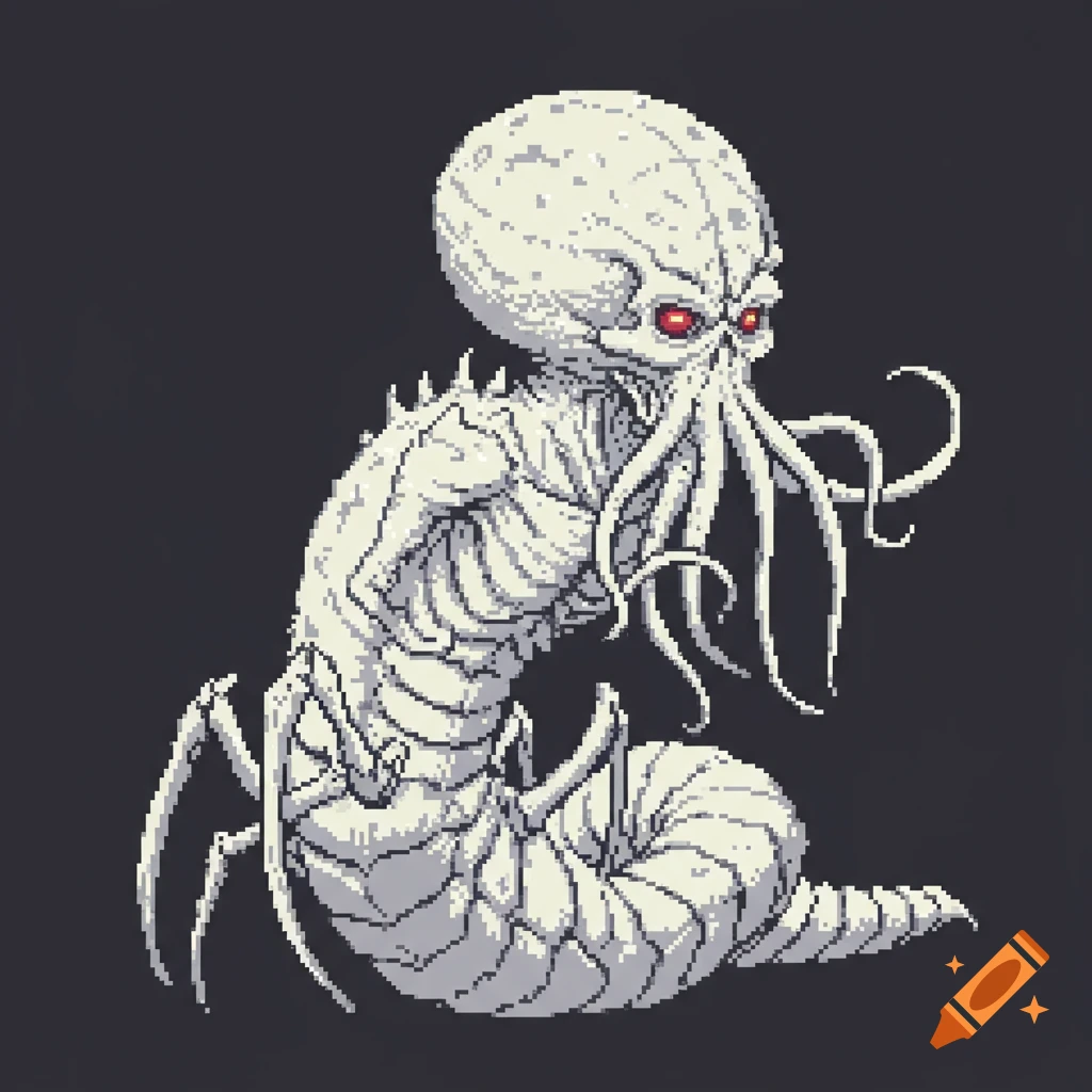 White pixel art monster with tentacles and red eyes