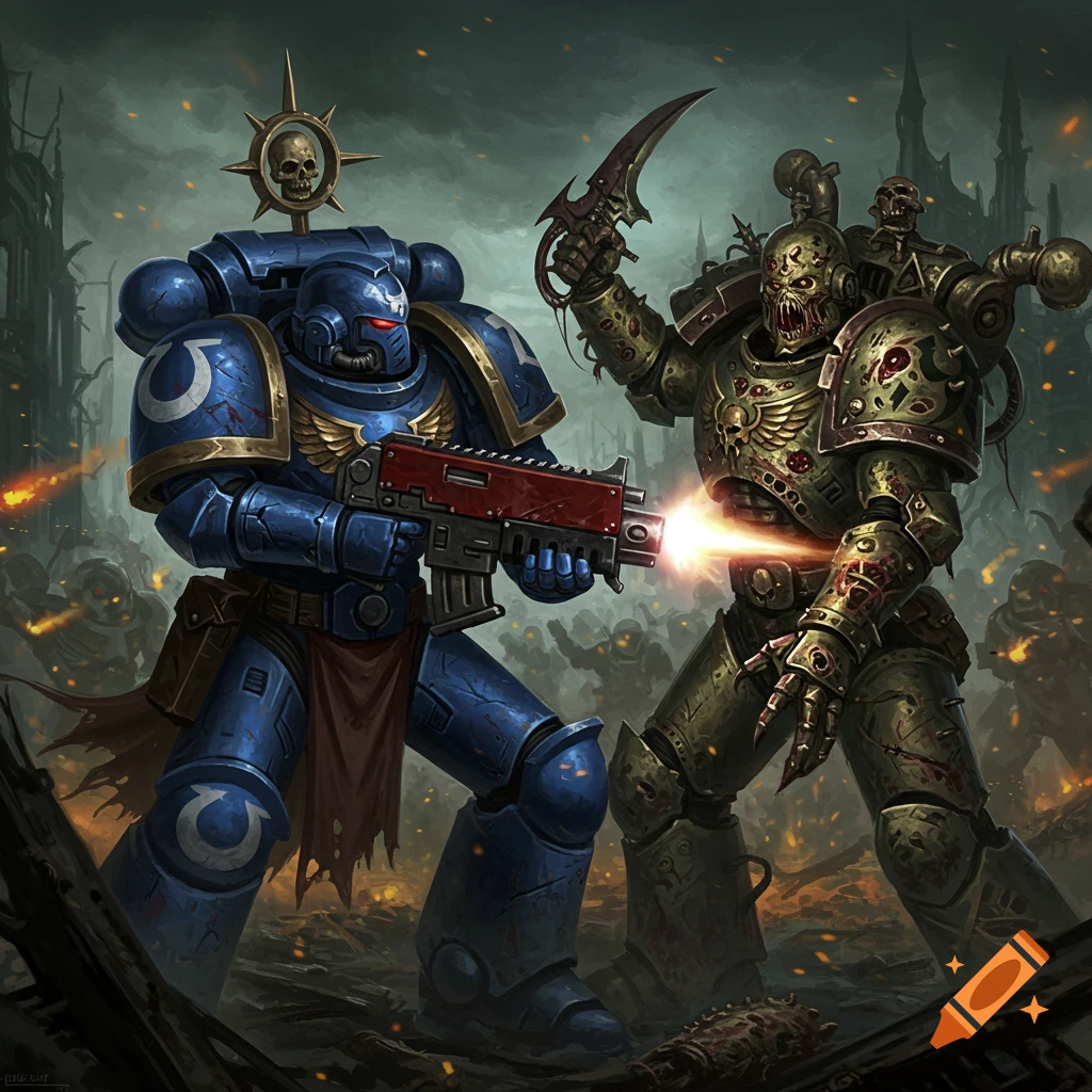 An Ultramarine Space Marine shoots a Death Guard Space Marine in a dark, chaotic battle scene.