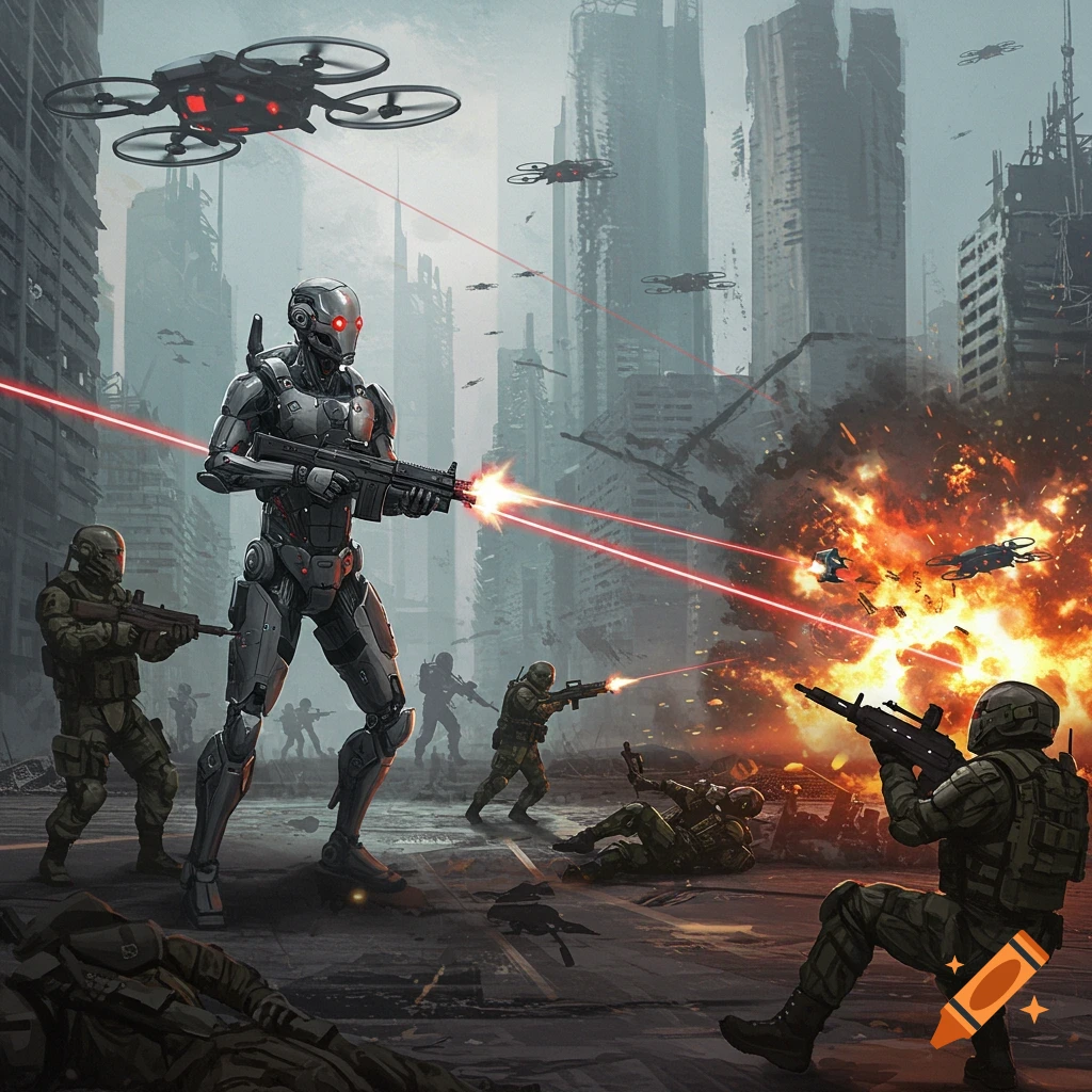 A large robot and human soldiers battle drones in a ruined city street with an explosion.