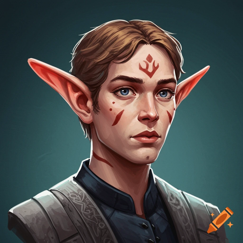 Digital illustration of a fantasy character with pointed ears and red markings