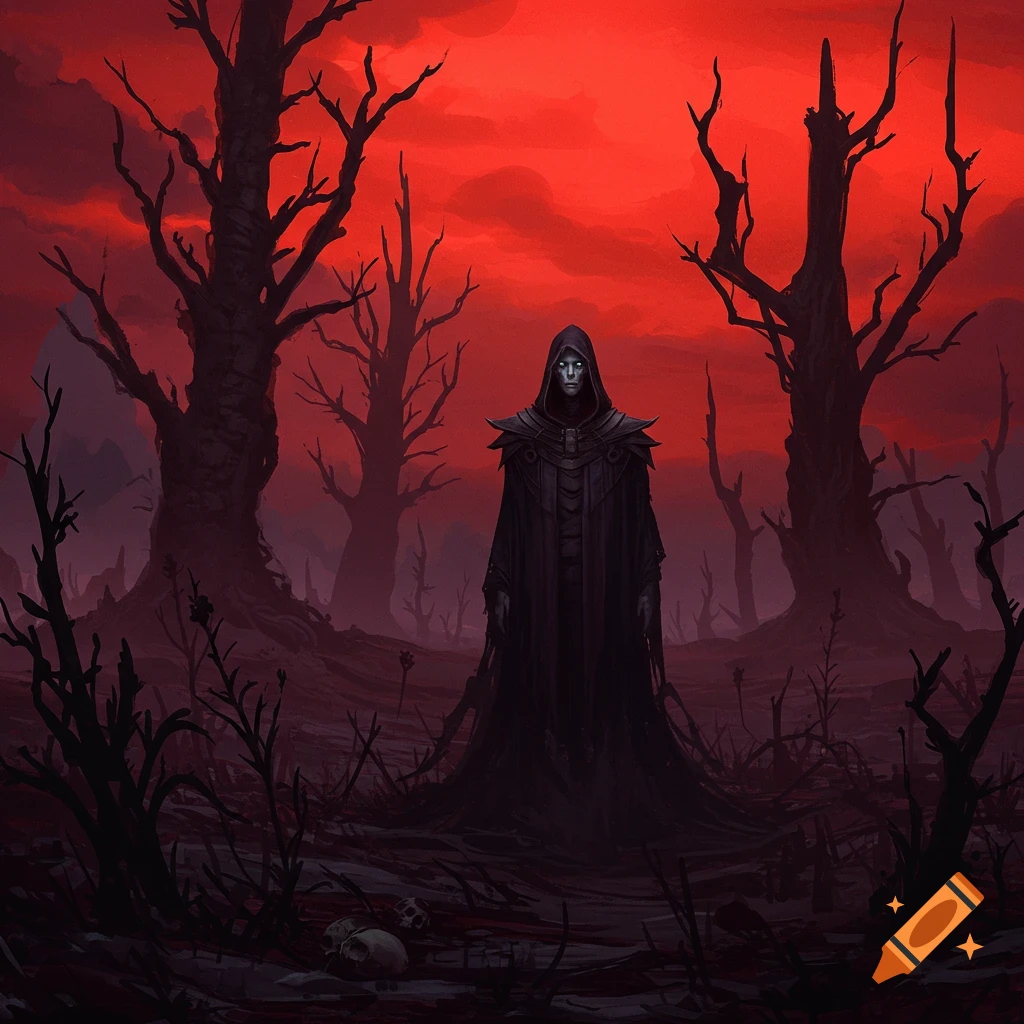 A hooded figure stands among dead trees under a red sky with skulls on the ground in a dark fantasy illustration.