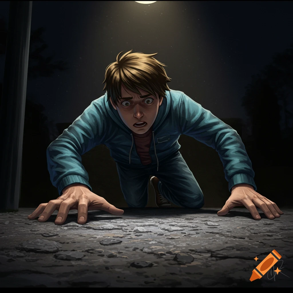Illustration of a young man crawling on the ground under a streetlamp at night, looking scared.